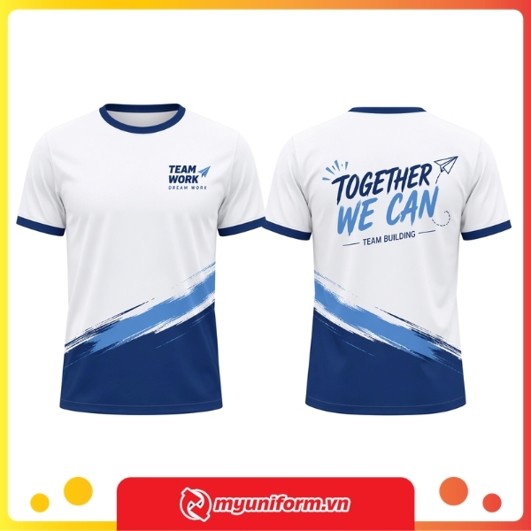 Mẫu áo team building xanh navy trắng
