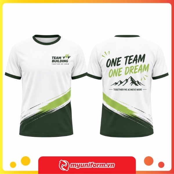 Mẫu áo team building xanh rêu trắng